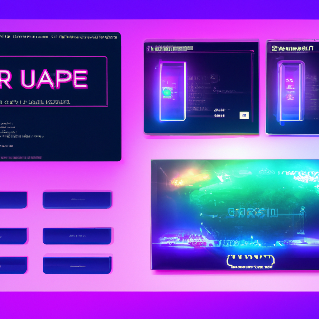 ArcadiaPulse interface with neon HUD and asymmetric cards